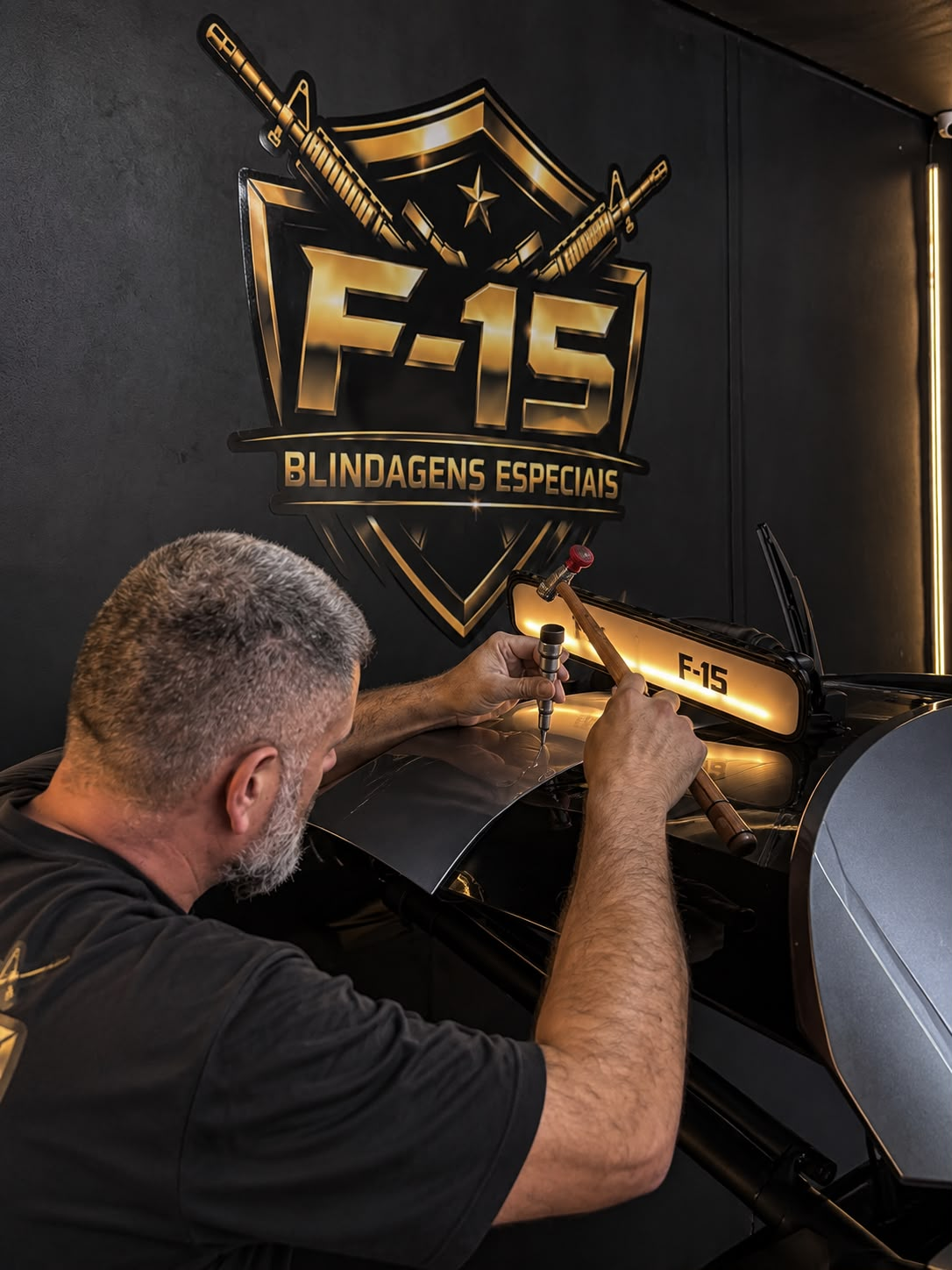 Profissional da F15 realizando martelinho de ouro em um veículo